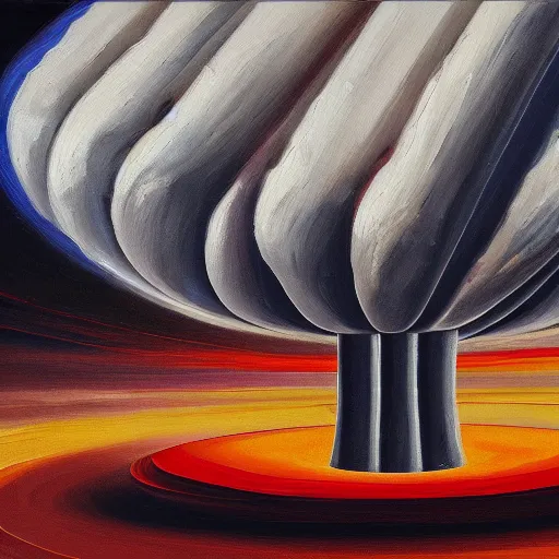 Prompt: abstract oil painting of a nuclear pressure vessel, in the style of a NASA grand tour poster