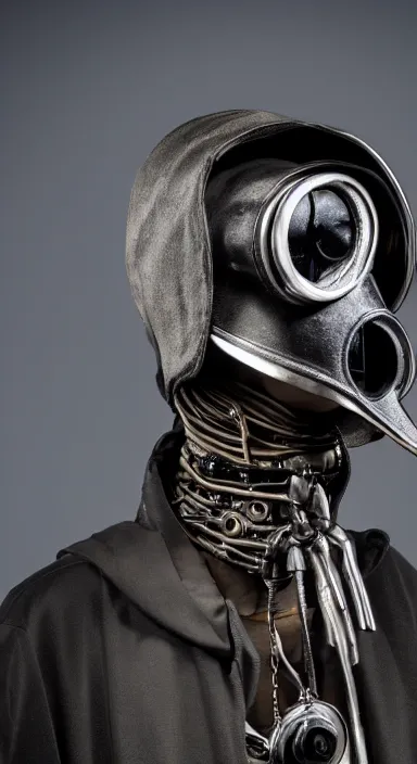 Image similar to high quality picture of a cybernetic plague doctor with his characteristic beaked mask, studio lighting, 4K, high detail