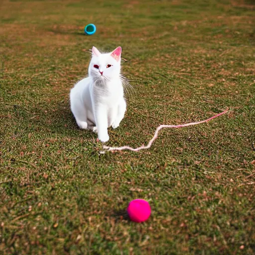 Image similar to A beautiful photo of a white cat playing with yarn ball, Photography , Long-range shots