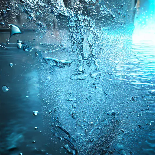 Prompt: Splashing Water Effects, Hyperrealistic Simulation, Refractions and Subsurface Scattering, Octane Renderer, Redshift, Ultra Settings, Photorealistic Rendering, Houdini, Cinematic Lights and Shadows, Depth of Field, Hyperdetailed, 4k