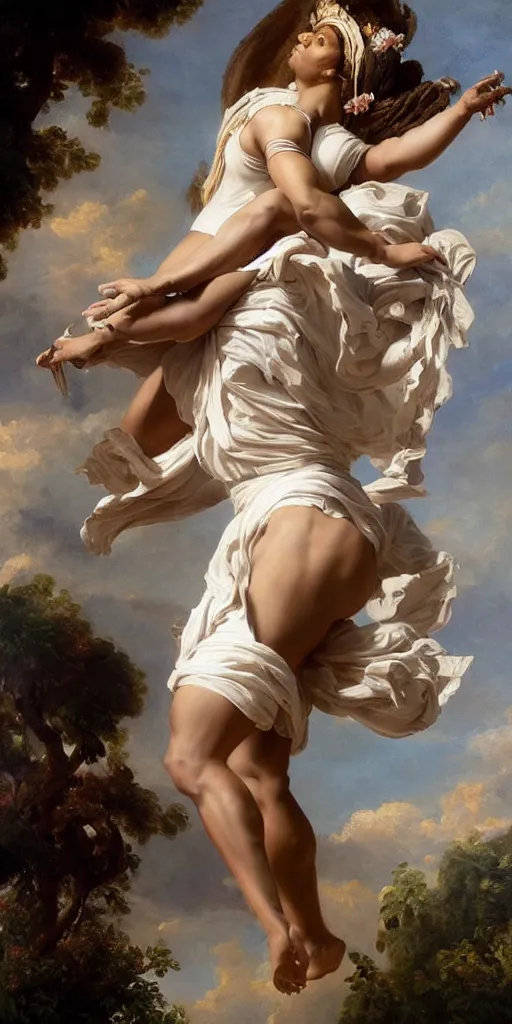 Image similar to Portrait of Serena Williams as Nike Goddess, large wings, luxuriant, dreamy, eternity, romantic, strong pose, highly detailed, in the style of Franz Xaver Winterhalter, highly detailed, in the style of Aetherpunk