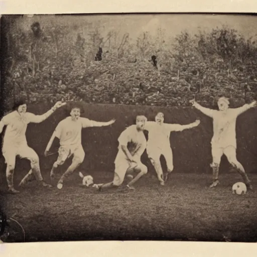 Image similar to daguerreotype photograph of zombies playing soccer