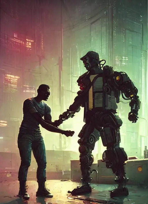 Image similar to Tough Gregory. Buff cyberpunk meathead fighting a small robot. Realistic Proportions. Epic painting by James Gurney and Laurie Greasley. Moody Industrial setting. ArtstationHQ. Creative character design for cyberpunk 2077.