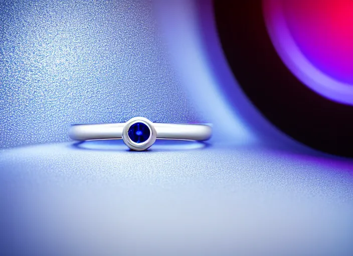 Prompt: futuristic!! wedding ring, sapphire, ( design by porsche!!!!! ), xf iq 4, 1 5 0 mp, 5 0 mm, f / 1. 4, iso 2 0 0, 1 / 1 6 0 s, natural light, octane render, macro shot, symmetrical balance, polarizing filter, sense of depth, ai enhanced