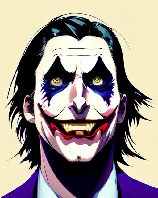 Image similar to anime as christian bale playing the joker | | cute - fine - face, pretty face, realistic shaded perfect face, fine details. anime. realistic shaded lighting poster by ilya kuvshinov katsuhiro otomo ghost - in - the - shell, magali villeneuve, artgerm, jeremy lipkin and michael garmash and rob rey as the joker in gotham city cute smile