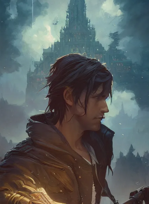 Image similar to highly detailed poster squall leonhart, stephen bliss, unreal engine, fantasy art by greg rutkowski, loish, rhads, ferdinand knab, makoto shinkai and lois van baarle, ilya kuvshinov, rossdraws, tom bagshaw, alphonse mucha, global illumination, radiant light, detailed and intricate environment