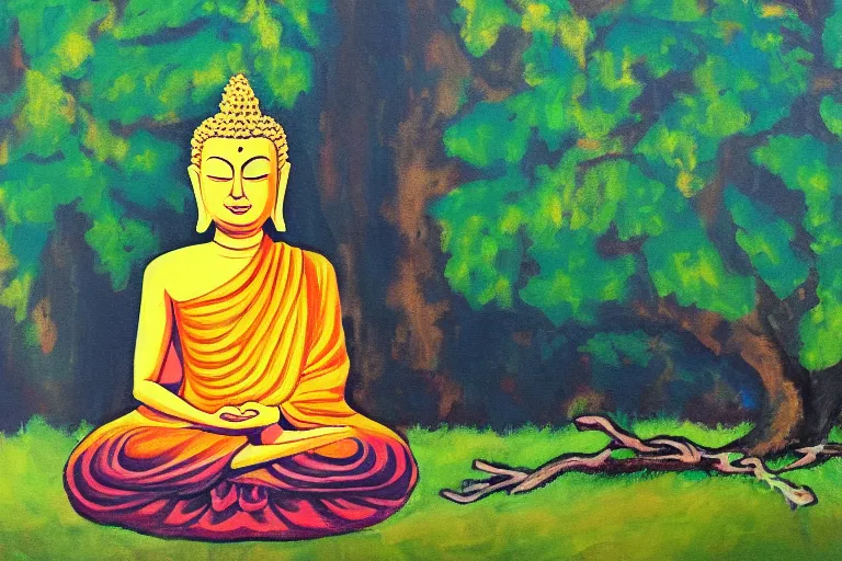 Image similar to painting of a peaceful buddha meditating under a tree, acrylic art, calm, soothing, cosy, elegant, soft light,