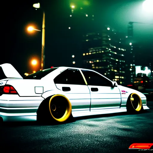 Image similar to a car JZX100 twin turbo drift at illegal car meet, Shibuya prefecture, city midnight mist lights, cinematic lighting, photorealistic, highly detailed wheels, high detail