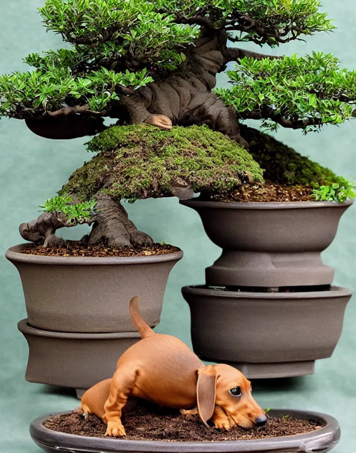 Image similar to Bonsai dachshund growing from a bonsai pot