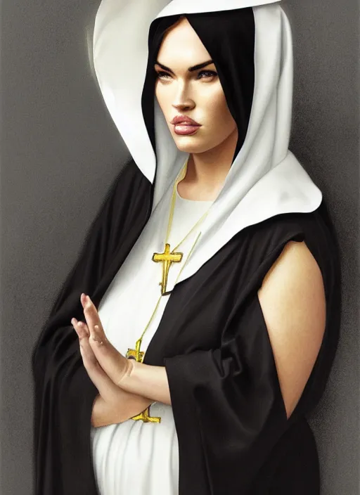 Image similar to portrait of a very obese megan fox as an obese sultry nun, catholic, church, bible, christianism, praying, intrigante, headshot, highly detailed, digital painting, artstation, concept art, sharp focus, cinematic lighting, illustration, art by artgerm and greg rutkowski, alphonse mucha, cgsociety