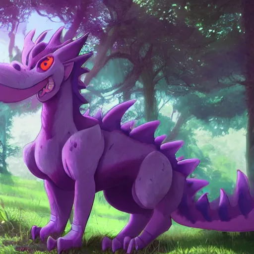 Image similar to concept art painting of an anthropomorphic purple anime furry dragon, in the deep forest, realistic, detailed, cel shaded, in the style of makoto shinkai and greg rutkowski and james gurney