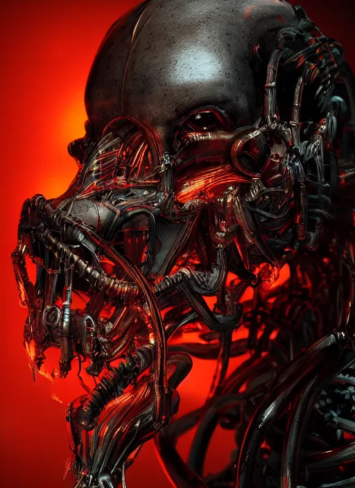 Prompt: a portrait up of a creepy looking biomechanical animal head, gigeresque cyberpunk art by ikuo hirayama, photorealism, octane render, behance hd, polycount, glowing fire background