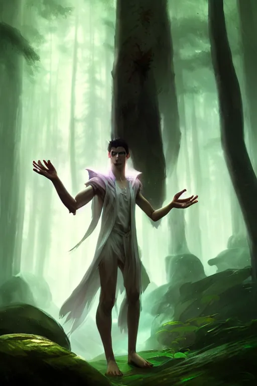 Image similar to a human elemental sorcerer, forest setting, colorful magic, male, white skin, young, sharp focus, concept art, dynamic lighting, unreal engine, character design by emylie boivin, environment by greg rutkowski