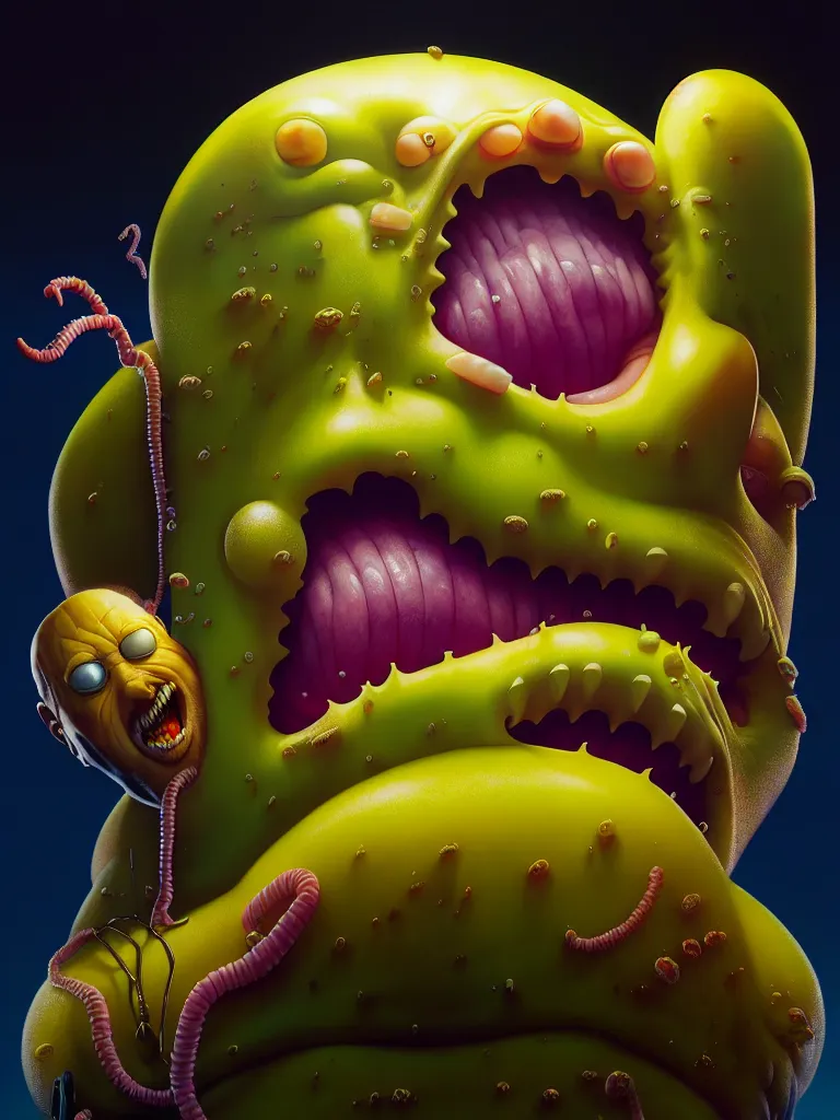 Image similar to hyperrealistic rendering, fat smooth john carpenter flesh monster spongebob by donato giancola and greg rutkowski and wayne barlow and zdzisław beksinski, product photography, action figure, sofubi, studio lighting, colored gels, colored background