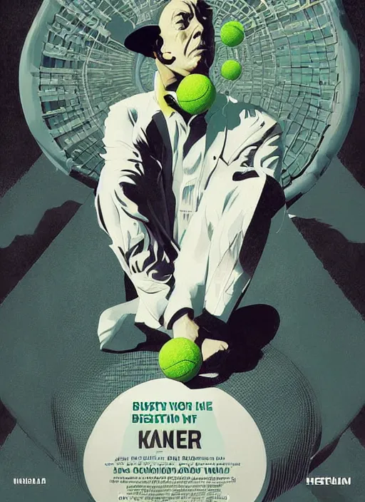 Prompt: poster artwork by Michael Whelan and Tomer Hanuka, Karol Bak Major Buster Keaton, from scene of a tennis ball monster , clean