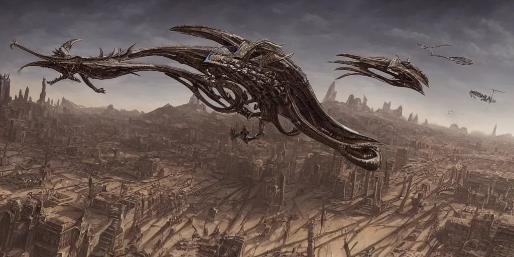 Image similar to giger steampunk wyvern flying over huge desert city, in style of federico pelat greg rutkowski