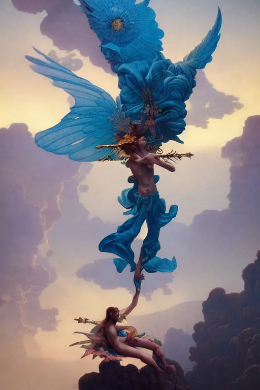 Image similar to the fall of icarus, coherent design, symmetrical, concept art, trending on artstation, vivid color, complementary color, golden ratio, detailed, sharp lines, intricate, rainbowshift, peter mohrbacher, gustave dore, maxfield parrish, alphonse mucha, beksinski, deviantart, octane render