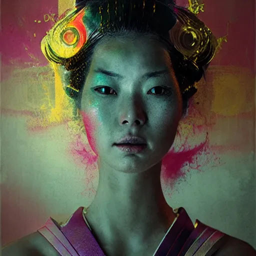 Image similar to a futuristic female geisha warrior in komono by cy Twombly and BASTIEN LECOUFFE DEHARME, pink and yellow, iridescent, volumetric lighting