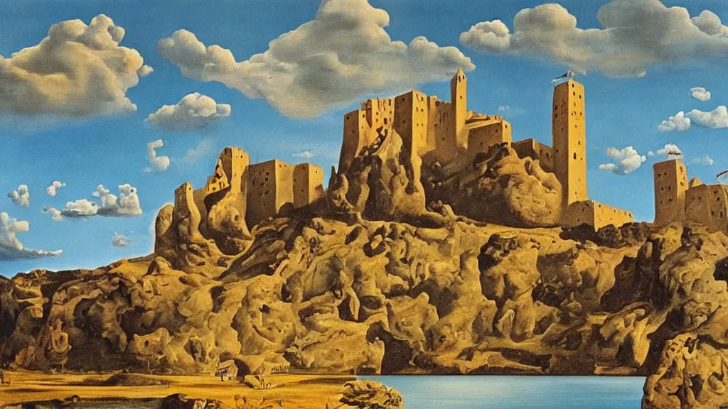 Prompt: High-Quality surrealist painting of Castell de Sant Ferran, peaceful, very detailed, oil painting by Salvador Dalí.