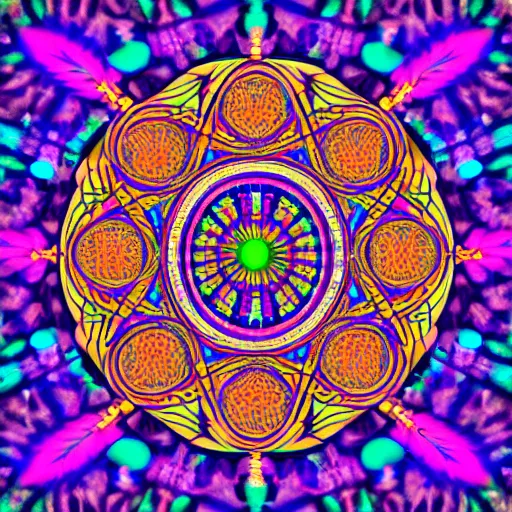 Image similar to 8k psychedelic abstract illustration of a dreamcatcher woven with a sacred geometry mandala