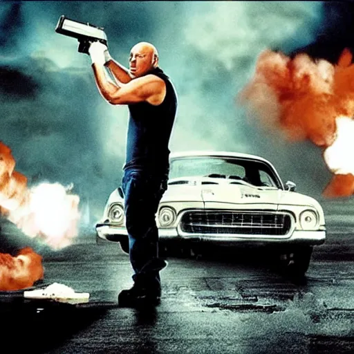 Prompt: Action scene from Mr. Clean with Mr. Clean played by Vin Diesel. Vin Diesel attempts to clean the floor despite multiple explosions and shots. Cinematic, technicolor, crisped colors, highly intricate