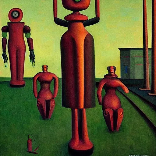 Image similar to robot druids in a grand processional, grant wood, pj crook, edward hopper, oil on canvas