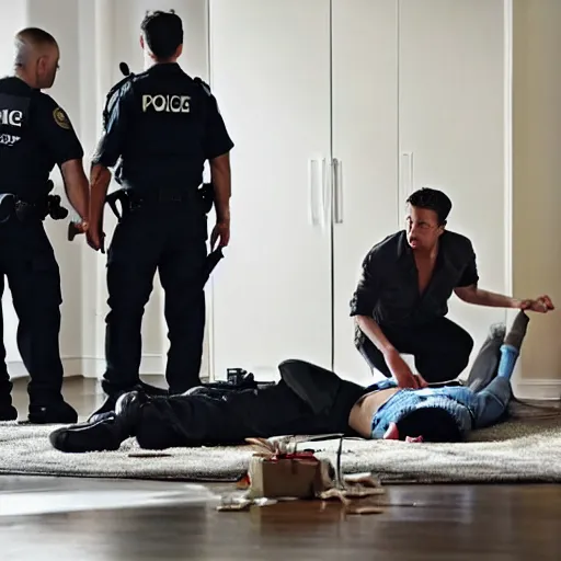 Image similar to Several forensic agents around a body in the living room of an apartment, police movie, thriller movie