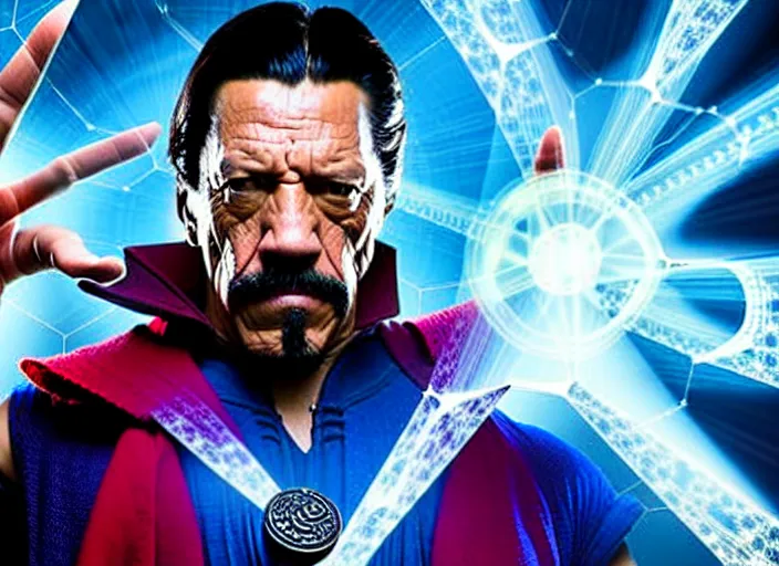 Prompt: film still of danny trejo as dr strange using magic in multiverse of madness, 8 k