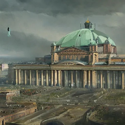 Image similar to panorama view of giant 1 km height volkshalle building, berlin 1 9 4 5, matte painting by greg rutkowski, artstation