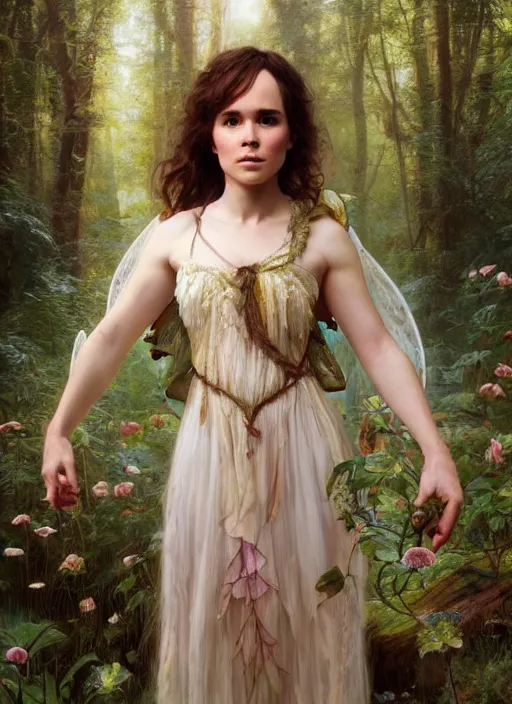 Image similar to portrait ellen page as fairy in the wood, full length shot, shining, 8k highly detailed, sharp focus, illustration, art by artgerm, mucha, bouguereau