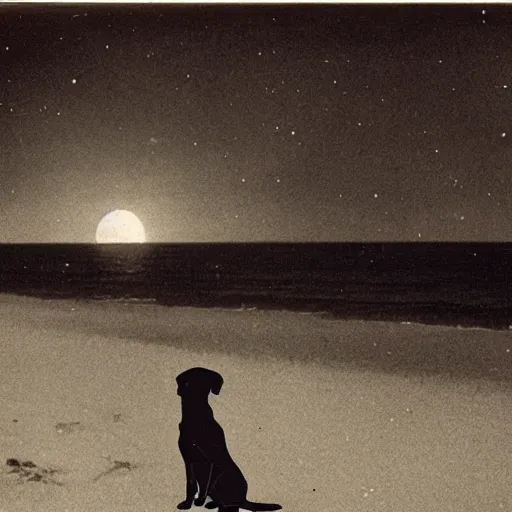 Image similar to an early 1 9 0 0 s photograph of an alien marking its extraterrestrial sigil on a black dog on the beach, moonlight, nighttime