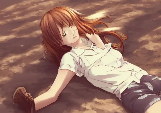 Image similar to A girl with short brown hair, wearing a white blouse, laying on a beach chair, drawn by WLOP, by Avetetsuya Studios, attractive character, colored sketch anime manga panel, trending on Artstation