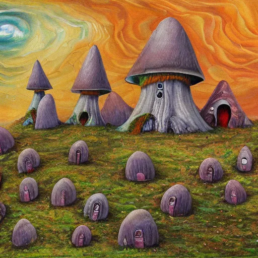 Prompt: mushroom houses spiraling into infinity, abomination, oil painting, highly detailed, 4 k