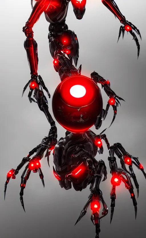 Image similar to a robot humanoid spider with 4 arms with claws, glowing red eyes, in a black carbon and red fiber armor, smiling creepily, dynamic lighting, photorealistic fantasy concept art, trending on art station, stunning visuals, creative, cinematic, ultra detailed