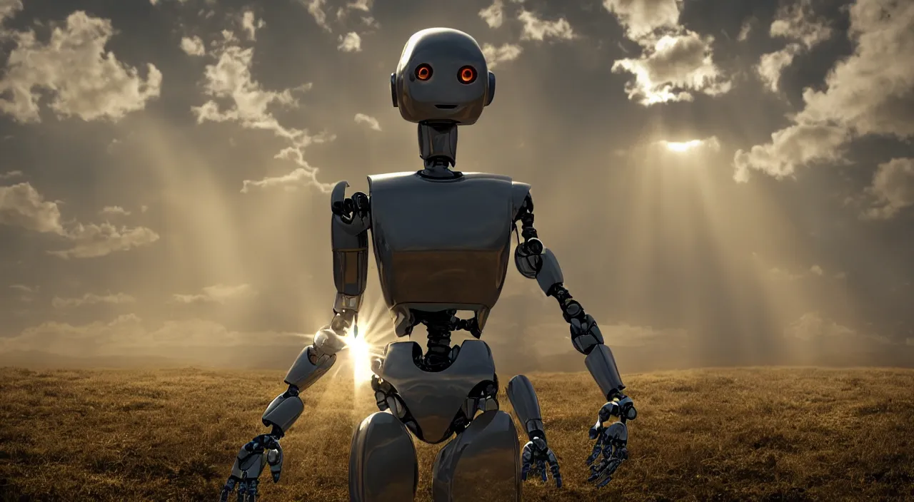 Image similar to a robot in a movie, cinematic shot, sun beams