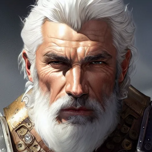 Image similar to portrait of a ruggedly handsome paladin, white hair, muscular, half body, leather, hairy, d & d, fantasy, intricate, elegant, highly detailed, digital painting, artstation, concept art, smooth, sharp focus, illustration, art by artgerm and greg rutkowski and alphonse mucha