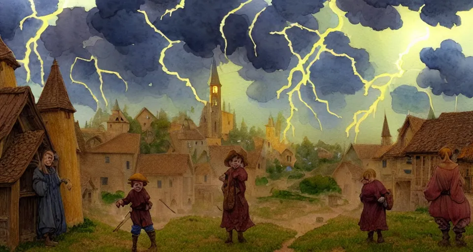 Prompt: a hyperrealist watercolor concept art of elegant golden ufos in the sky above a small medieval town during a thunderstorm. a dirty medieval peasant child is in the foreground pointg up at the sky. very muted colors, by rebecca guay, michael kaluta, charles vess. high detail, hq, wide shot, 4 k