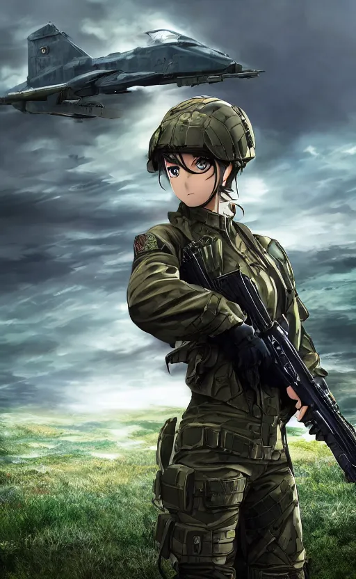 Prompt: girl, trading card front, future soldier clothing, future combat gear, realistic anatomy, concept art, professional, by ufotable anime studio, green screen, volumetric lights, stunning, military camp in the background, metal hard surfaces, focus on generate the face