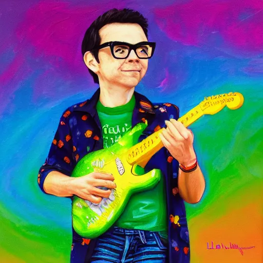 Prompt: a painting of rivers cuomo playing his green electric guitar in a rainbow background by lilia alvarado