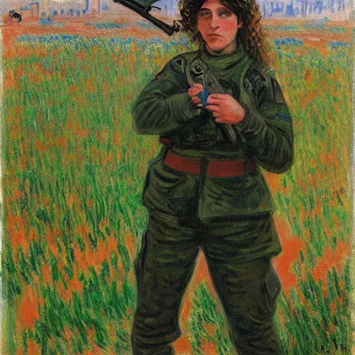 Image similar to a female israel defence force soldier pressing a staple gun to her own head and looking depressed by monet