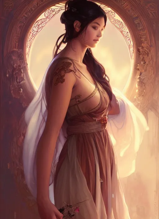 Image similar to cute brown woman wearing a transparent night gown and hanfu face veil, fantasy, intricate, highly detailed, digital painting, artstation, concept art, wallpaper, smooth, sharp focus, illustration, art by artgerm and greg rutkowski and alphonse mucha