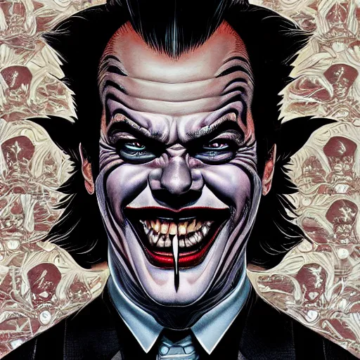 Prompt: portrait of crazy jack nicholson joker, symmetrical, by yoichi hatakenaka, masamune shirow, josan gonzales and dan mumford, ayami kojima, takato yamamoto, barclay shaw, karol bak, yukito kishiro