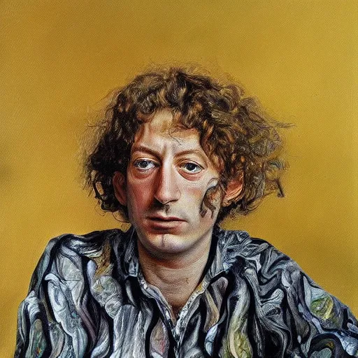 Image similar to high quality high detail painting by lucian freud, hd, jimi page from led zeppelin portrait