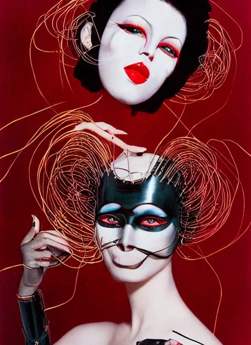 Image similar to an 8 0 s portrait of a woman with dark eye - shadow and red lips with dark slicked back hair, a mask made of wire and beads, dreaming acid - fueled hallucinations by serge lutens, rolf armstrong, delphin enjolras, peter elson, red cloth background