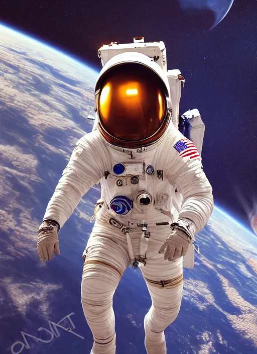 Prompt: Gorgeous NASA astronaut in space, cel-shaded, detailed, focused. Cinematic, hyper realism, realistic proportions, dramatic lighting, high detail 4k