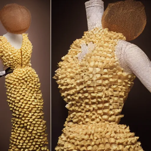 Image similar to a beautiful dress made of a bee hive, on a mannequin. high resolution, studio lighting