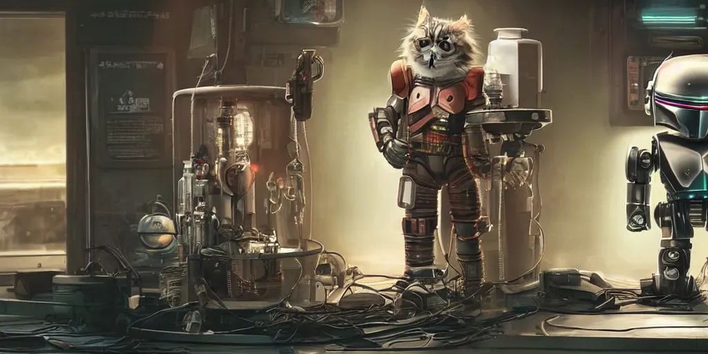 Image similar to a 3 d rendered movie still a cute robot has the head of an adorable cyberpunk maine coon kitten. in the background is a cyberpunk cat tree. digital art. science fiction blockbuster movie from the future, imax 7 0 mm. style of mandalorian ( american space western television series )