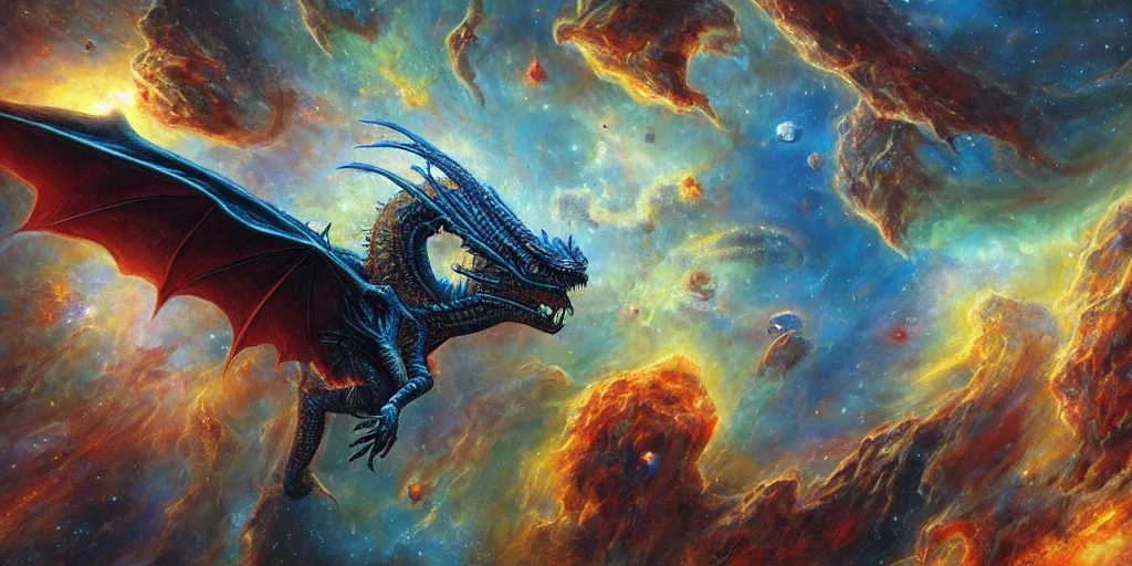 Image similar to an alien dragon flying through outer space, epic nebula, dan seagrave art