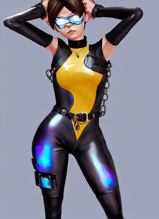 Image similar to full body digital artwork of tracer overwatch, wearing black iridescent rainbow latex swimsuit, 4 k, expressive happy smug expression, makeup, in style of mark arian, wearing detailed black leather collar, wearing chains, black leather harness, leather cuffs around wrists, detailed face and eyes,