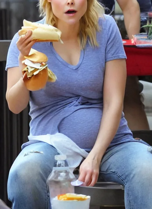 Image similar to chonky chubby kristen bell sitting eating a hamburger with her belly sticking out of her shirt